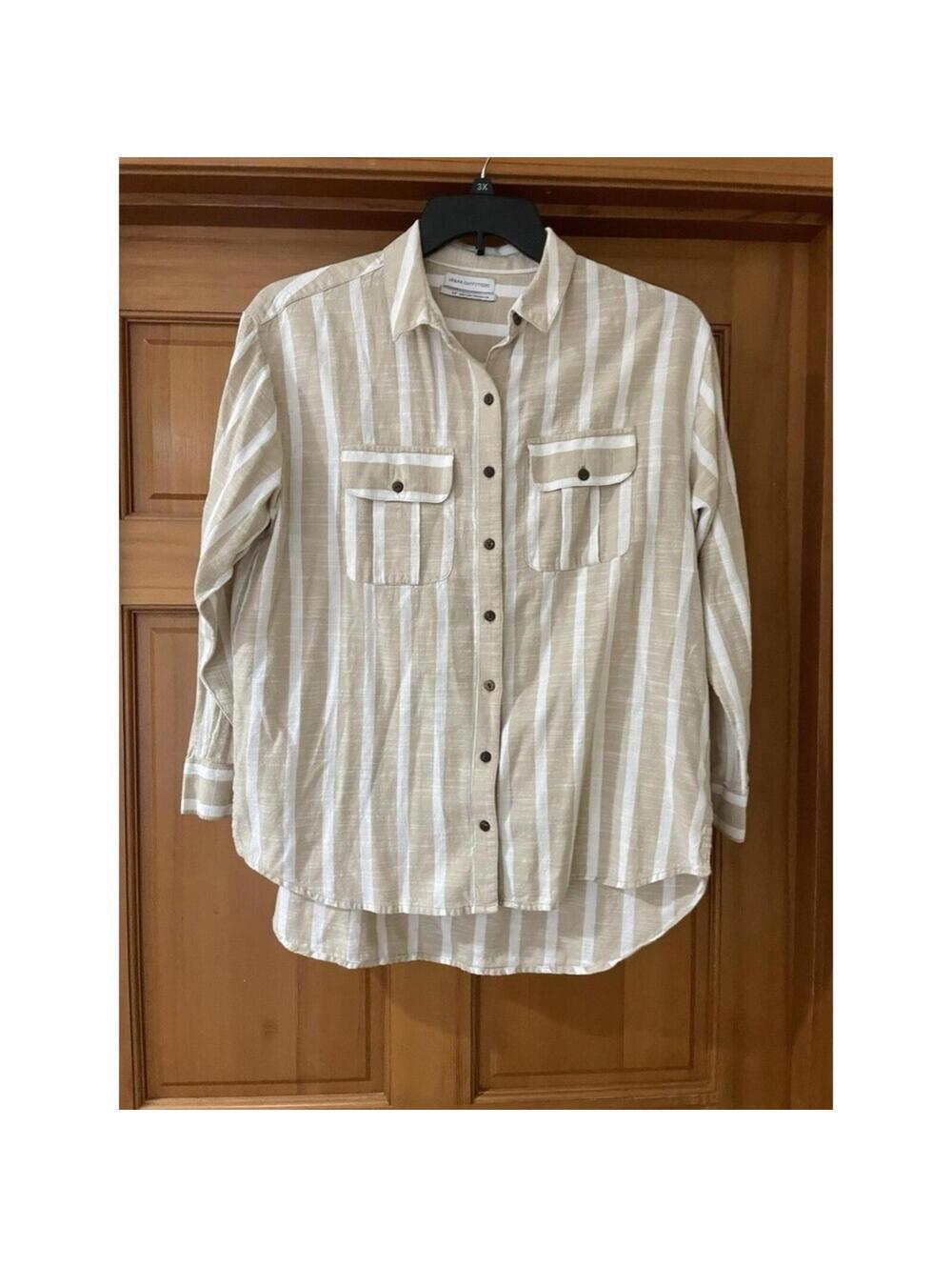 Women’s Urban Outfitters Long Sleeve Shirt White/ Beige Stripped Button Up Small